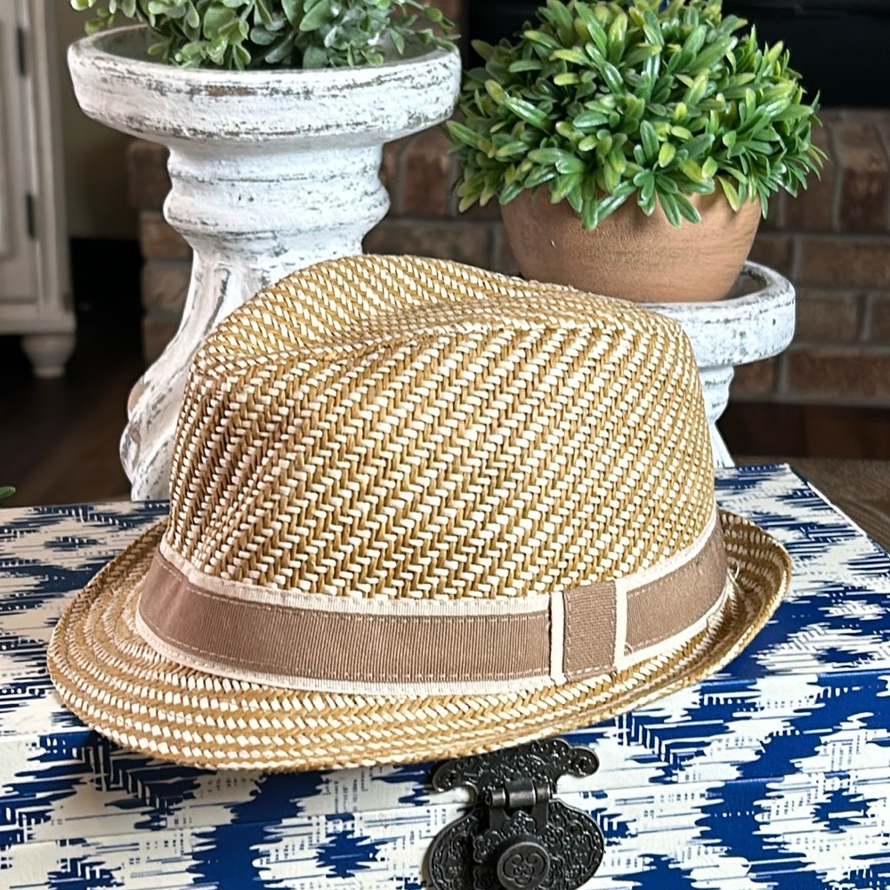Little Boys Tan Brown Straw Fedora Hat Cream & Khaki Stripe